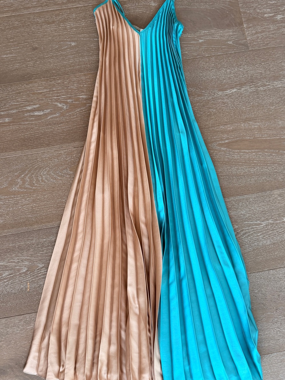 Two-Tone Pleated Maxi Dress — Teal & Champagne